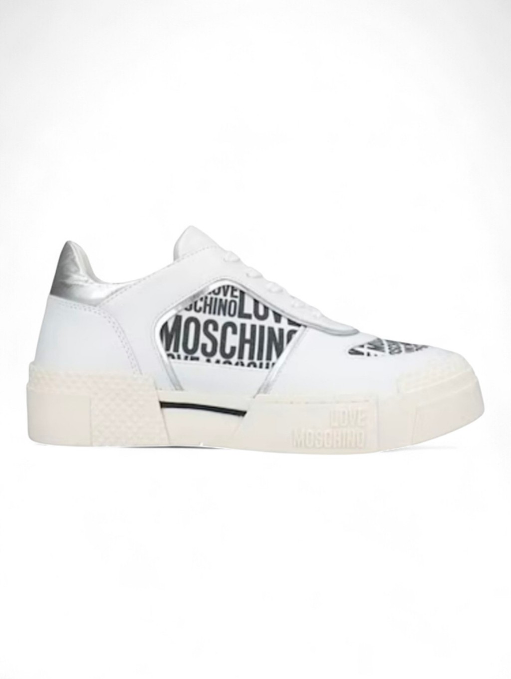 Nwot Love Moschino Women's White Silver Logo Print Leather Sneakers 41